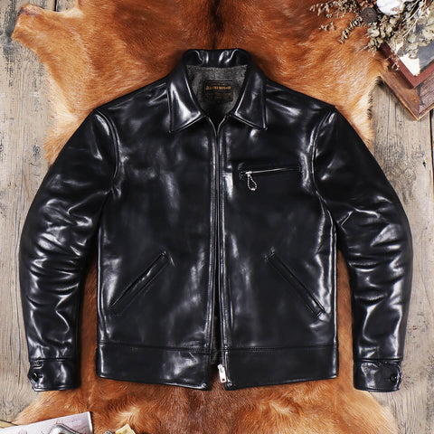 Men's Sports Leather Jacket, Black Horsehide