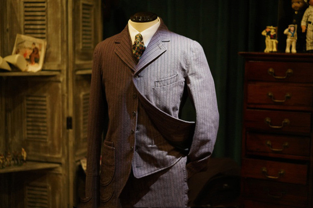 メンズ ストライプ ソルトペッパー フレンチサックスーツ