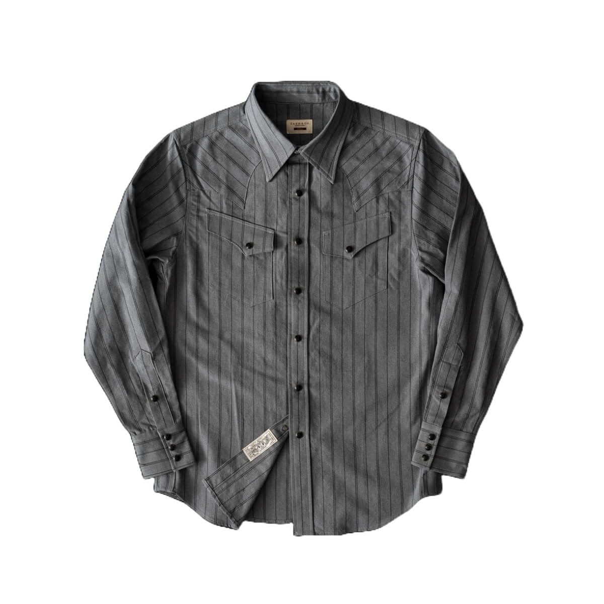 Gray button-up shirt with subtle pattern on a white background