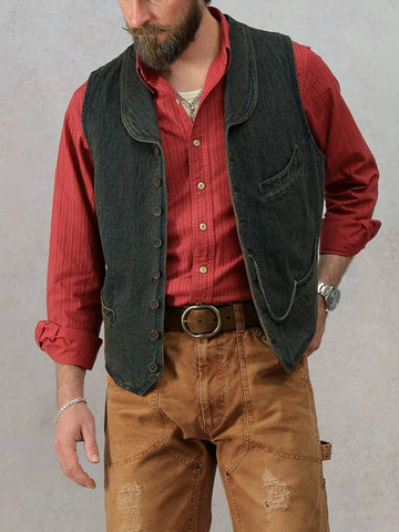 Men's Shawl Collar Sashiko Vest