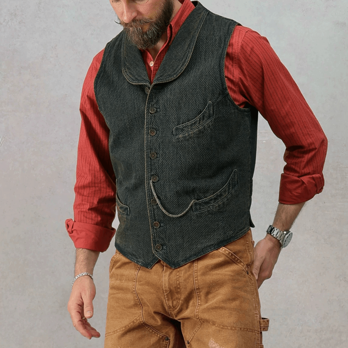 Men's Shawl Collar Sashiko Vest