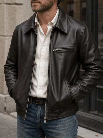 A man wearing a black leather jacket over a white button-down shirt and blue jeans, standing outdoors against a stone wall and dark doorway.