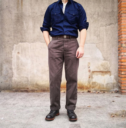 Pantalon de travail français à rayures pour homme, couleur poivre et sel