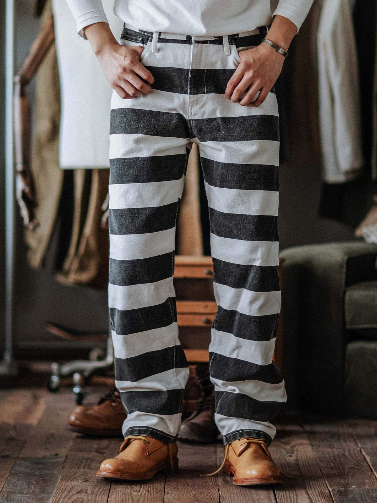 メンズ ストライプ モーターサイクルパンツ