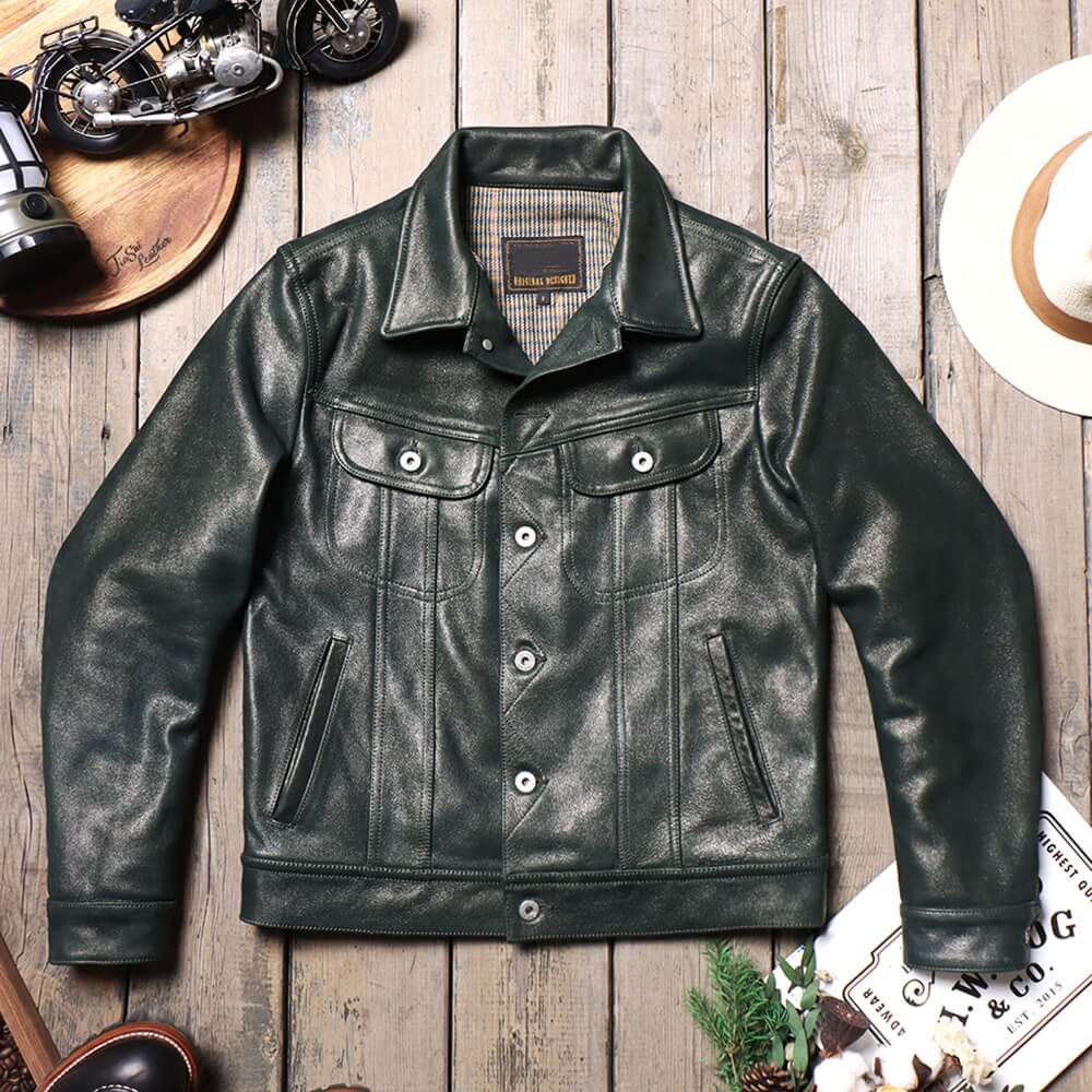 Men's Rider Leather Jacket, Olive Calfskin