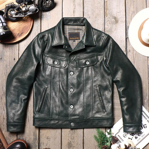 Men's Rider Leather Jacket, Olive Calfskin