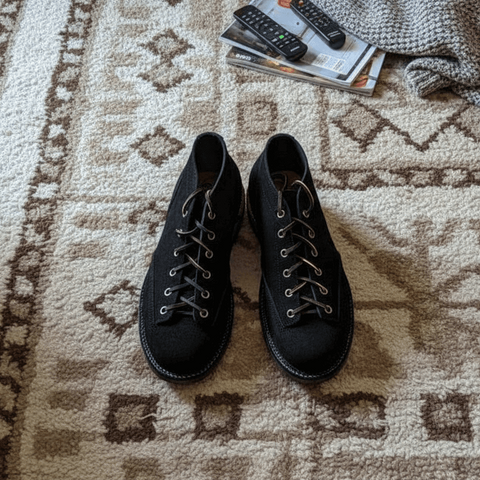 Black boots on a patterned rug with remote controls and a magazine in the background.
