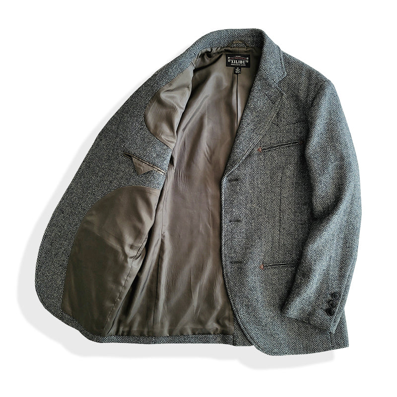 Men's Herringbone Tweed Suit Jacket Gray