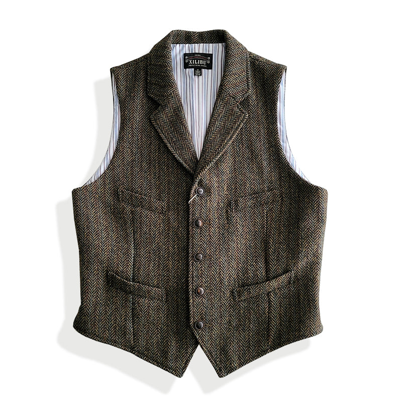 Striped Herringbone Tweed Suit Vest Coffee