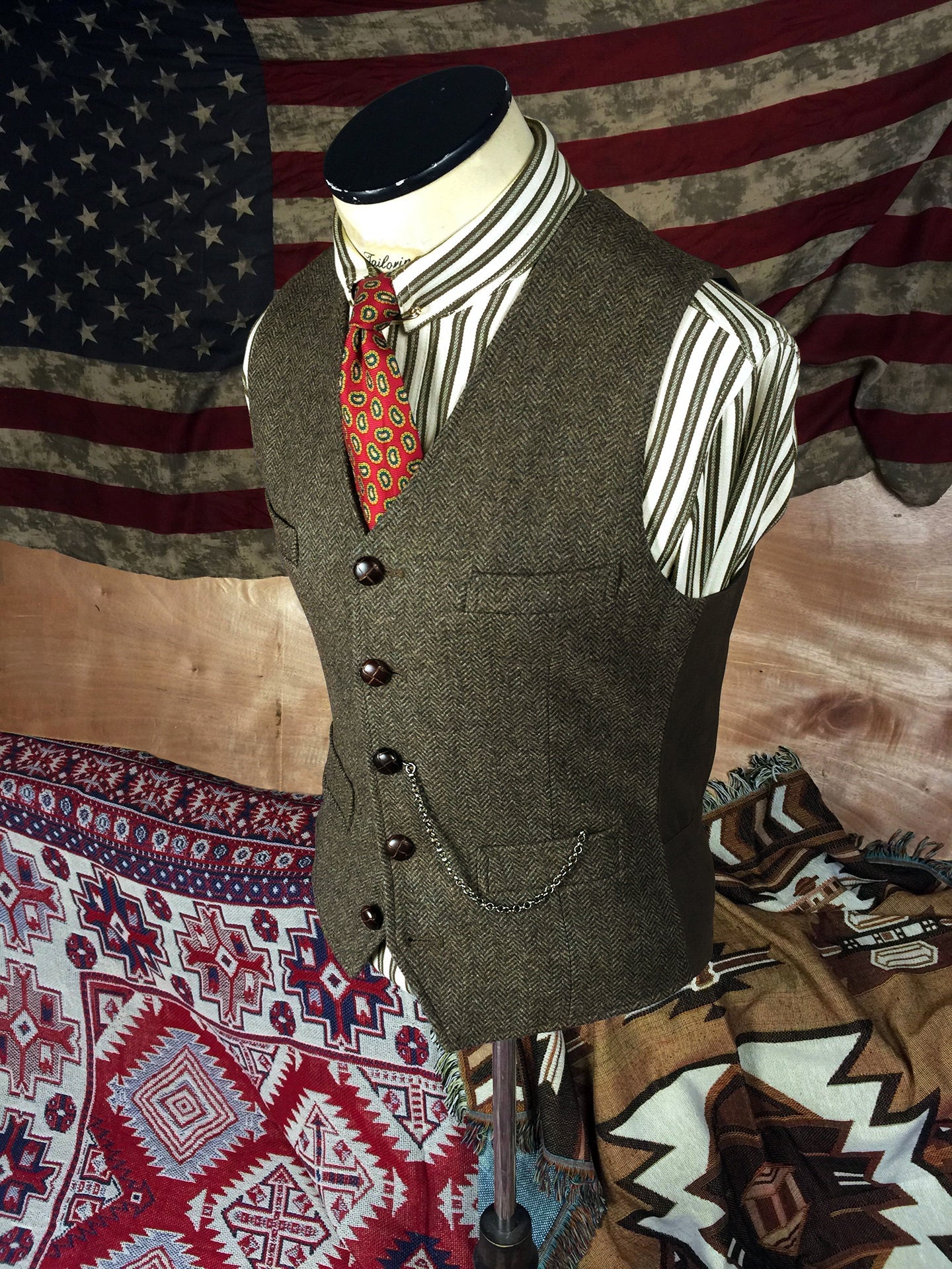 Men's Green-Grey Tweed Vest