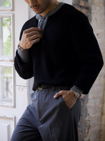 henley sweater over dress shirt Ribbed Henley English Blue Sweater English Blue / XL