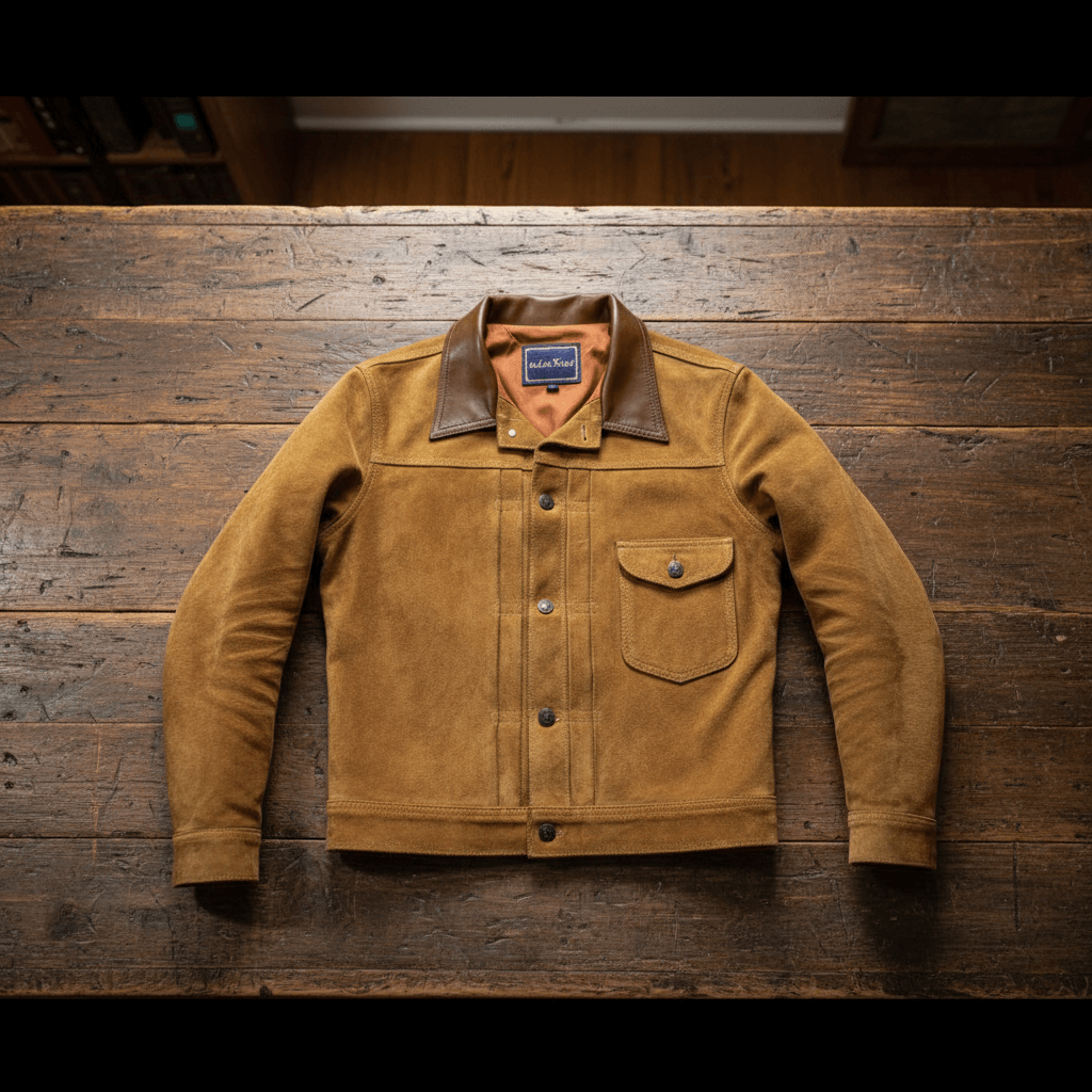 Brown jacket with leather collar on a wooden surface