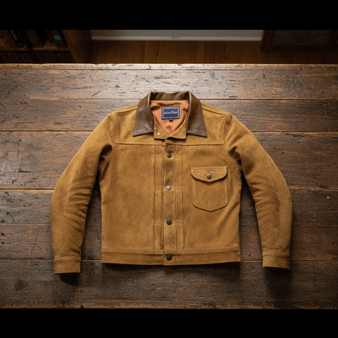 Brown jacket with leather collar on a wooden surface