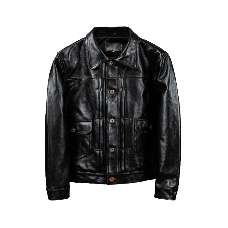 Black leather jacket with brown buttons on a white background