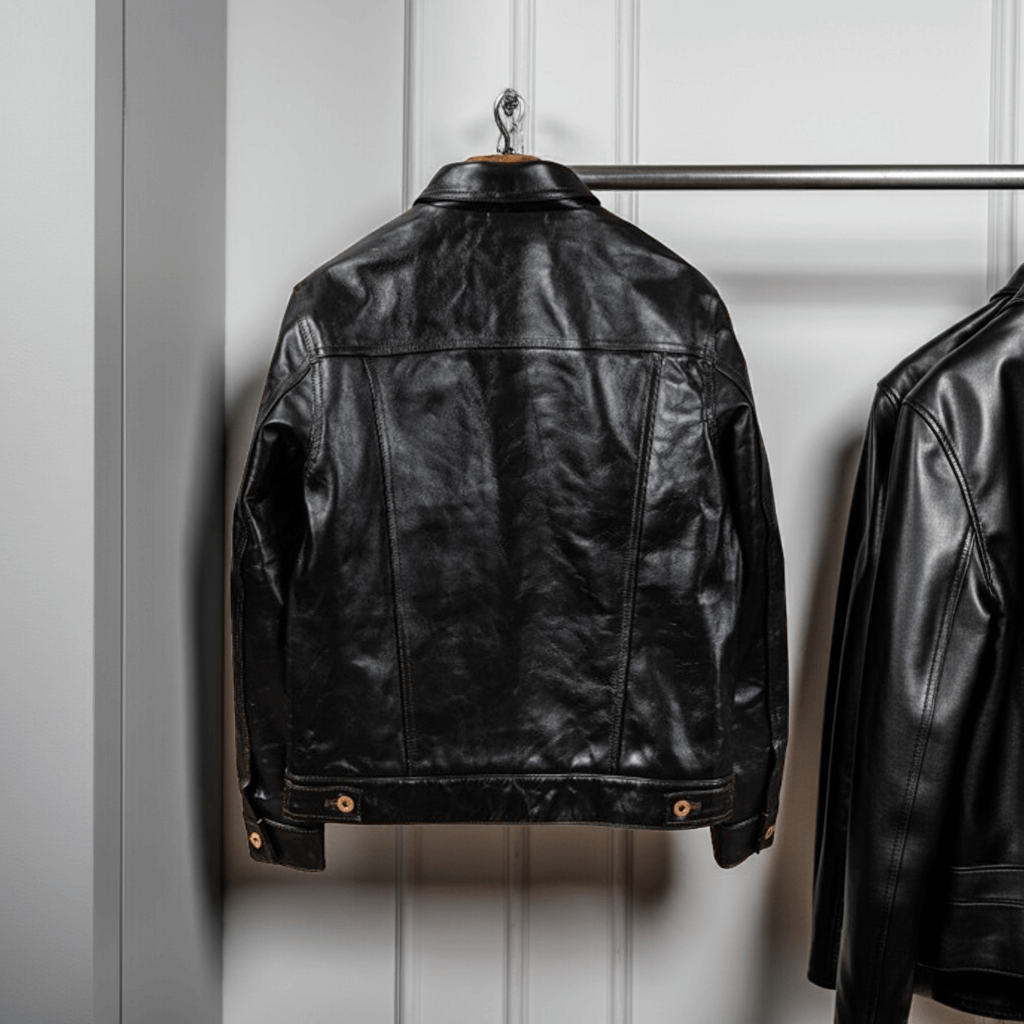 Black leather jacket hanging on a rack against a white paneled wall.