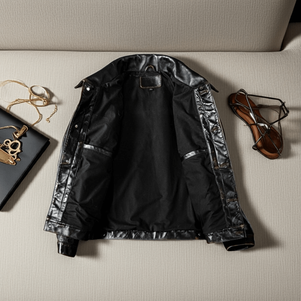 Black jacket with shiny trim on a light gray surface with accessories.