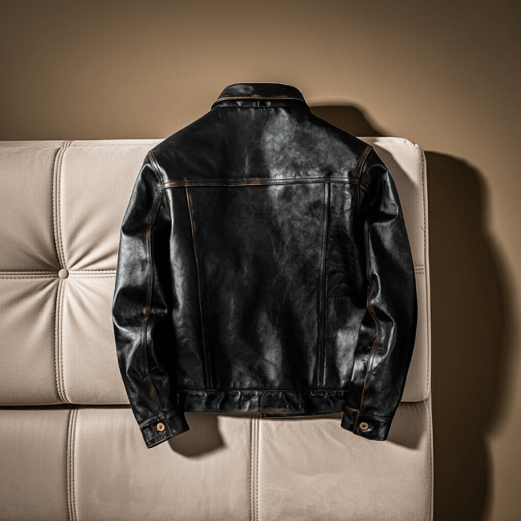 Black leather jacket on a beige sofa against a brown background