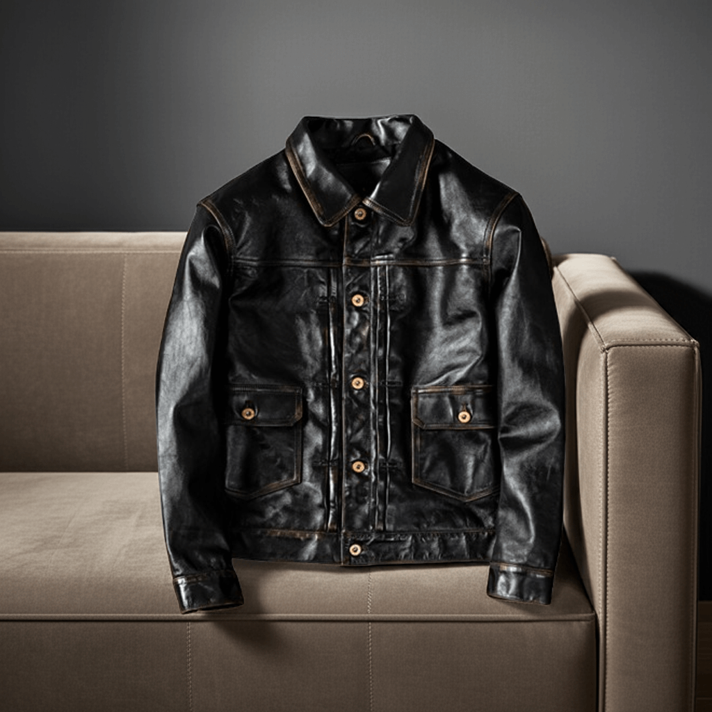 Black leather jacket on a beige couch against a dark background