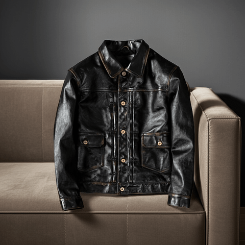 Black leather jacket on a beige couch against a dark background