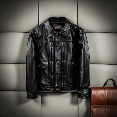 Black leather jacket with brown buttons on a textured wall background