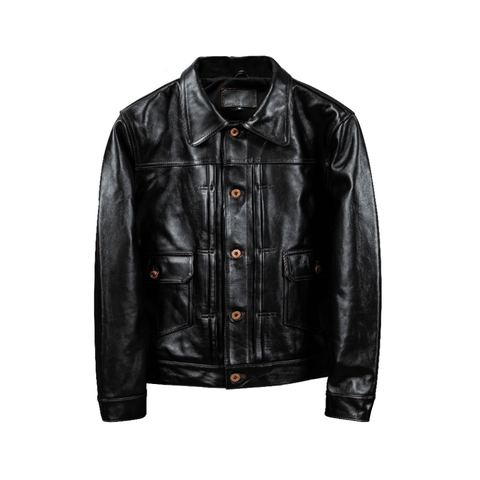 Black leather jacket with brown buttons on a white background