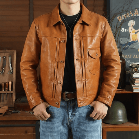 Men's Type I Leather Trucker Jacket, Tan Horsehide