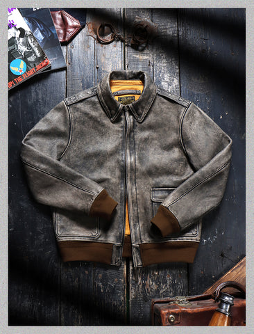 Distressed A-2 Flight Leather Jacket Grey