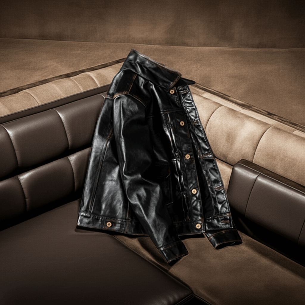 Black leather jacket on a brown leather couch