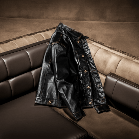 Black leather jacket on a brown leather couch
