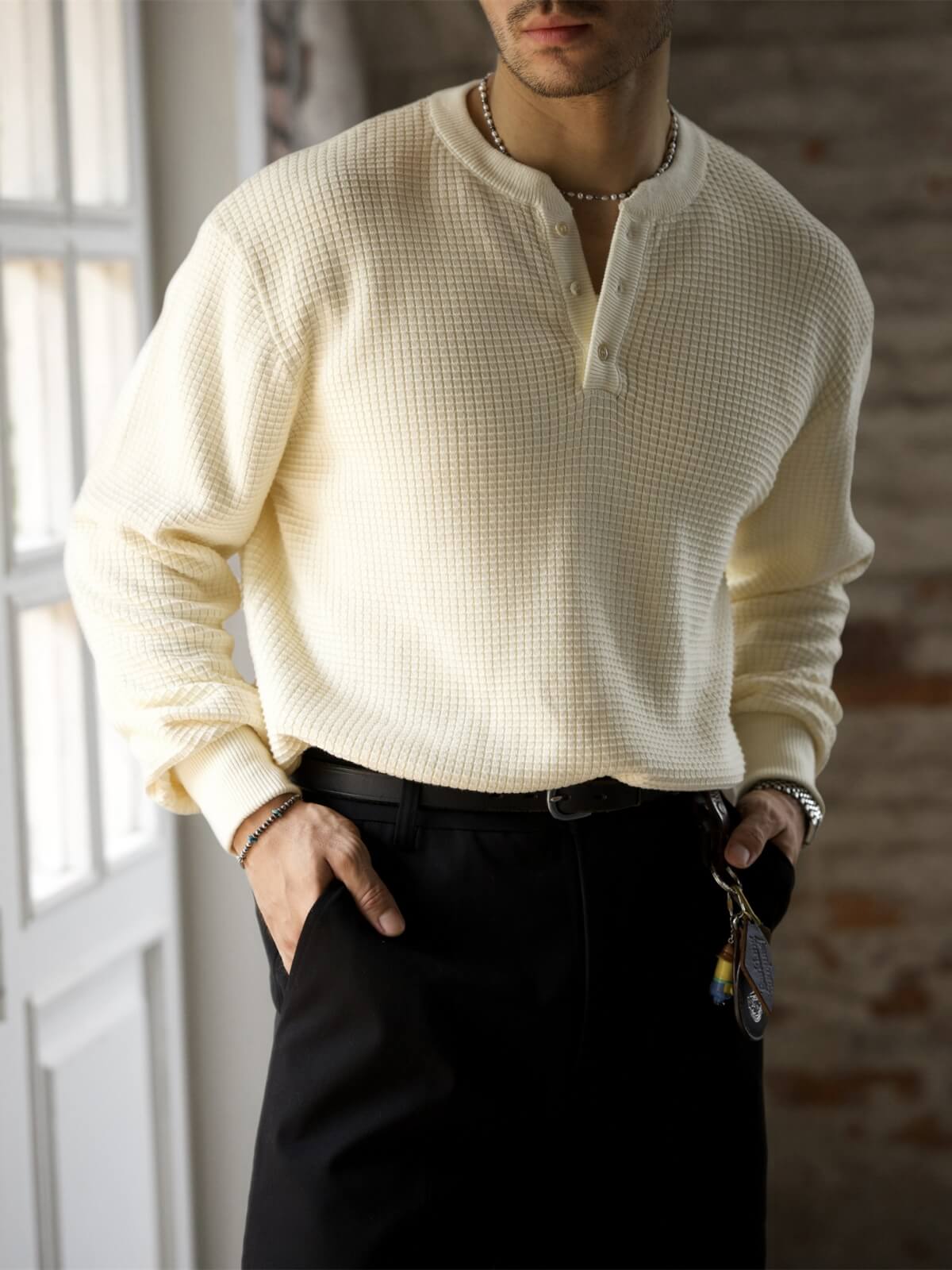 henley sweater over dress shirt Long-Sleeve Henley Sweater WINTER White / S