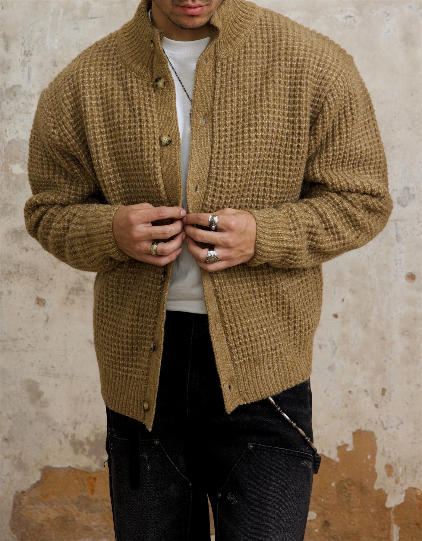 Men's Stand Collar Waffle Woolen Cardigan