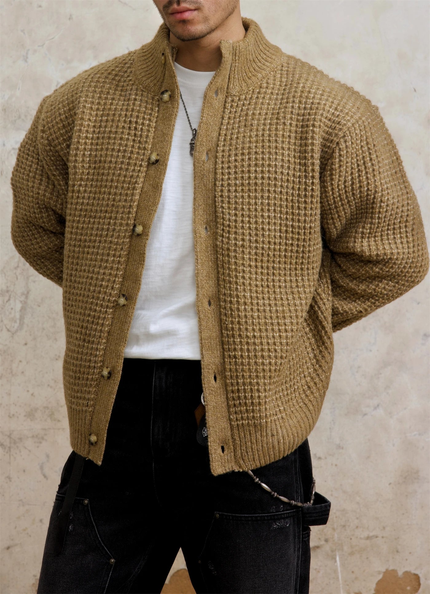 Men's Stand Collar Waffle Woolen Cardigan