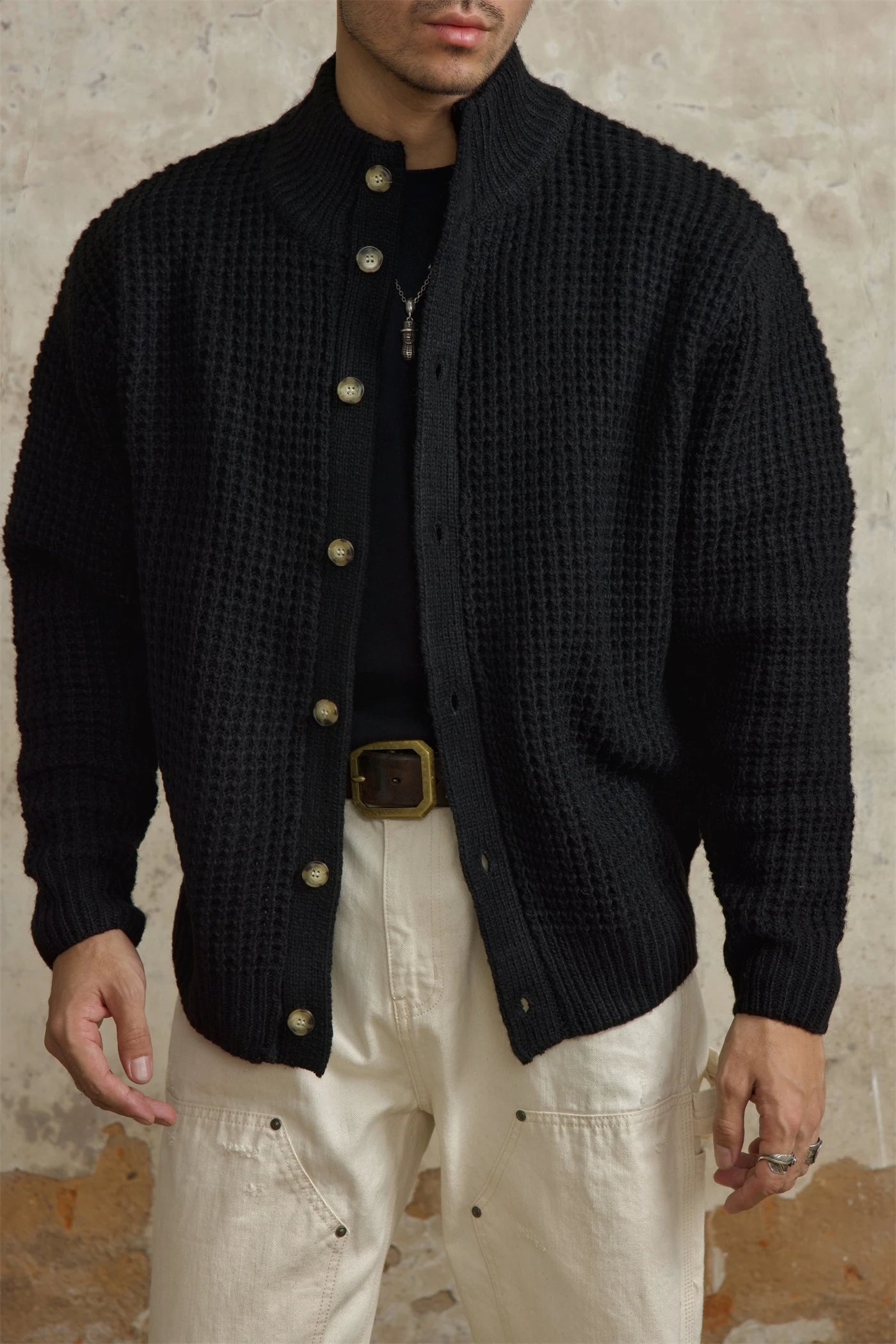 Men's Stand Collar Waffle Woolen Cardigan