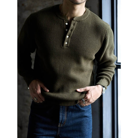 Men's Waffle Knit Cotton Henley Sweater