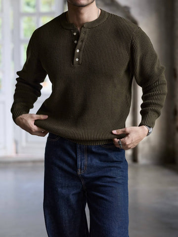 Men's Waffle Knit Cotton Henley Sweater