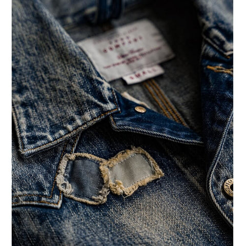 Men's Washed Distressed Patchwork Denim Barn Jacket