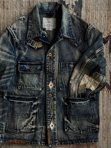 Men's Washed Distressed Patchwork Denim Barn Jacket