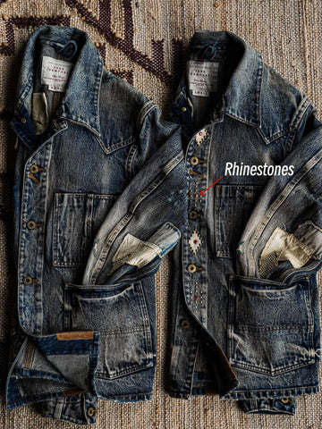 Men's Washed Distressed Patchwork Denim Barn Jacket