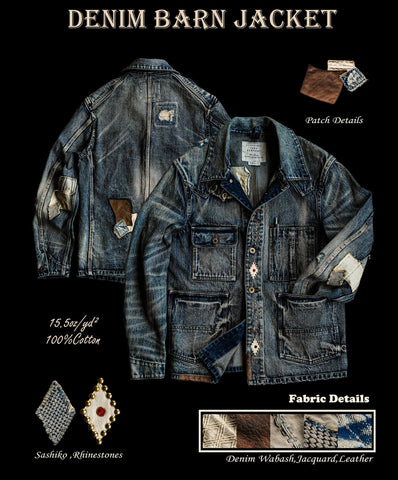 Men's Washed Distressed Patchwork Denim Barn Jacket