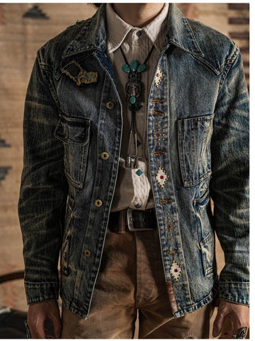 Men's Washed Distressed Patchwork Denim Barn Jacket