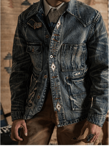Men's Washed Distressed Patchwork Denim Barn Jacket