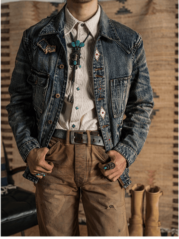 Men's Washed Distressed Patchwork Denim Barn Jacket
