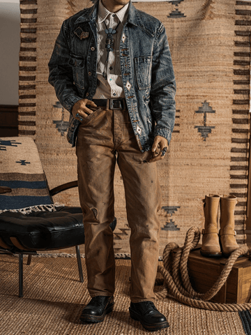 Men's Washed Distressed Patchwork Denim Barn Jacket