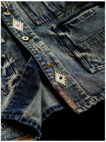 Men's Washed Distressed Patchwork Denim Barn Jacket