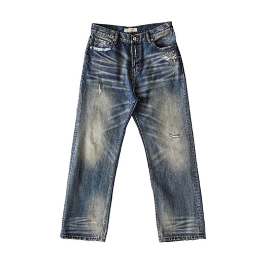 Men's Washed Ripped Cat Whisker Jeans