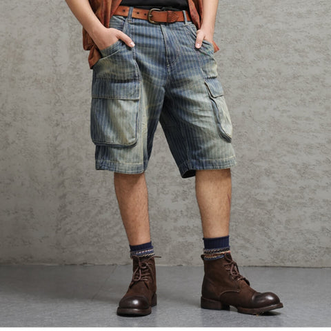 Men's Washed Striped Cargo Denim Shorts