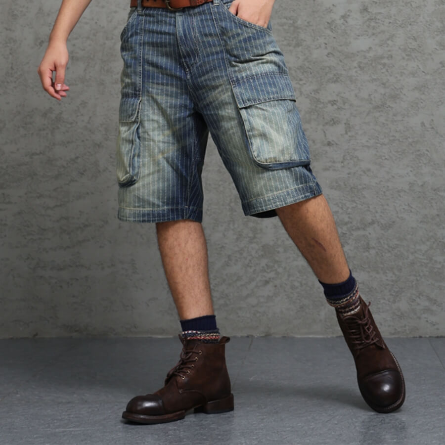 Men's Washed Striped Cargo Denim Shorts