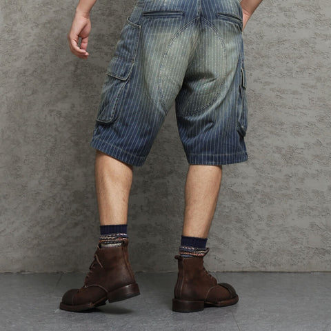 Men's Washed Striped Cargo Denim Shorts
