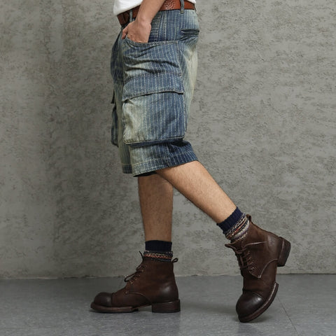 Men's Washed Striped Cargo Denim Shorts