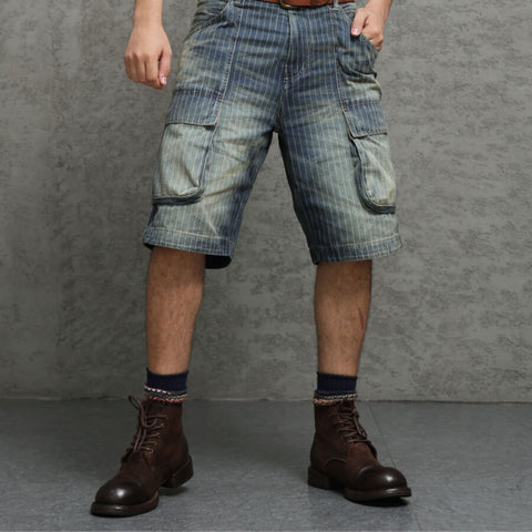 Men's Washed Striped Cargo Denim Shorts